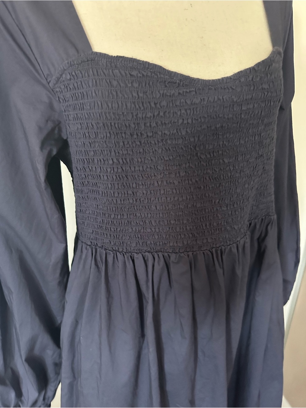Cottagecore Navy Smocked Dress Puff Sleeve Prairie Large Western Peasant Dress - Picture 3 of 10